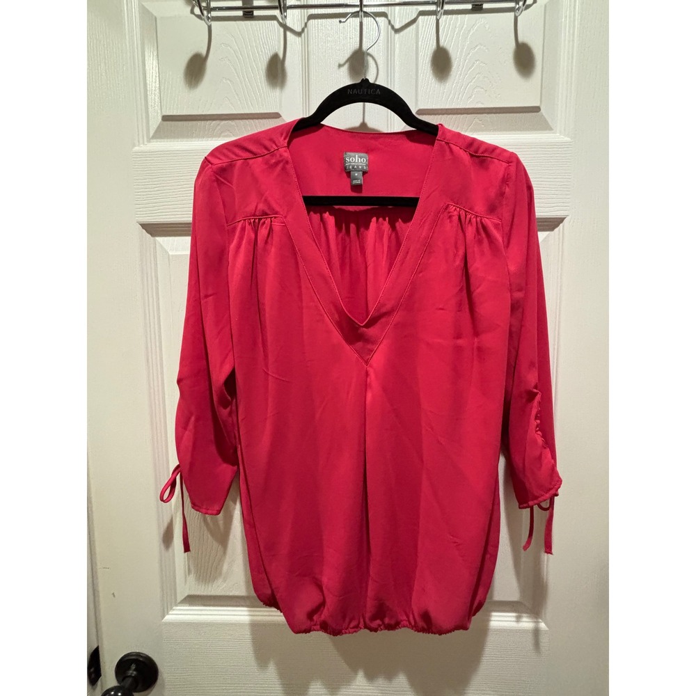 Soho Jeans New York & Company Pink V-Neck Bubble Hem Blouse Medium